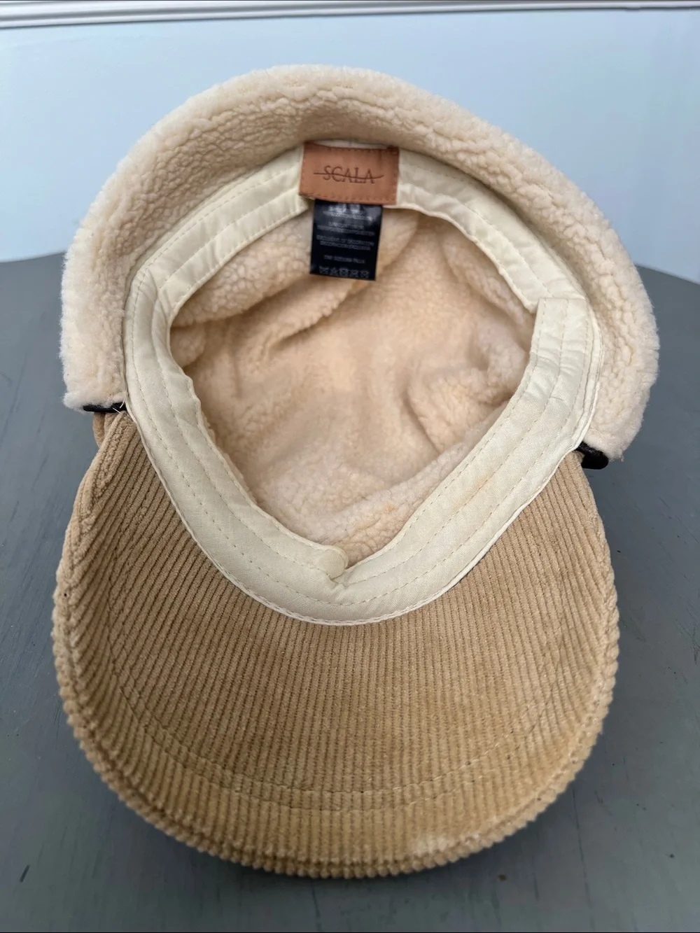 Scala Corduroy Earflap Cap in Tan with Cream Shearling